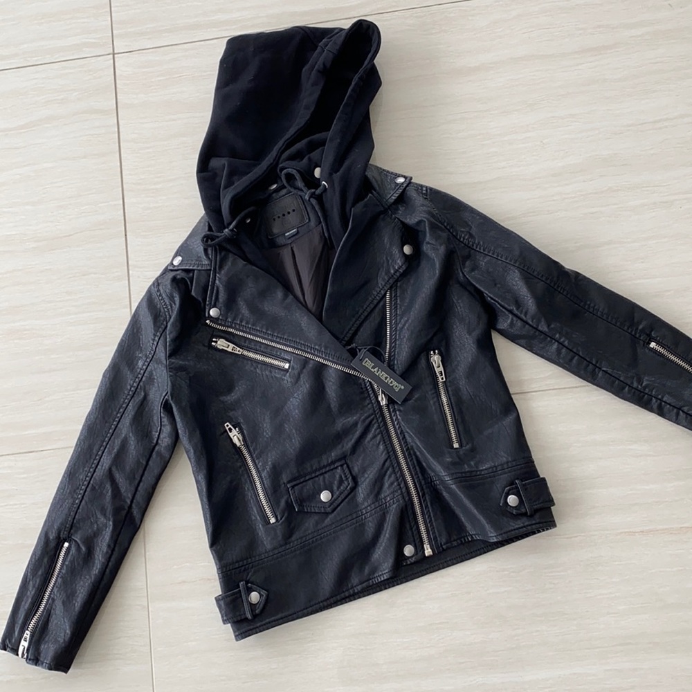 BLANK NYC Black Leather Jacket With Hood XS